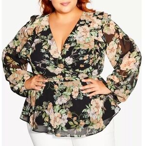 City Chic Floral Long Sleeve Top ruby Victorian Floral Trendy Plus Size XXL / 24